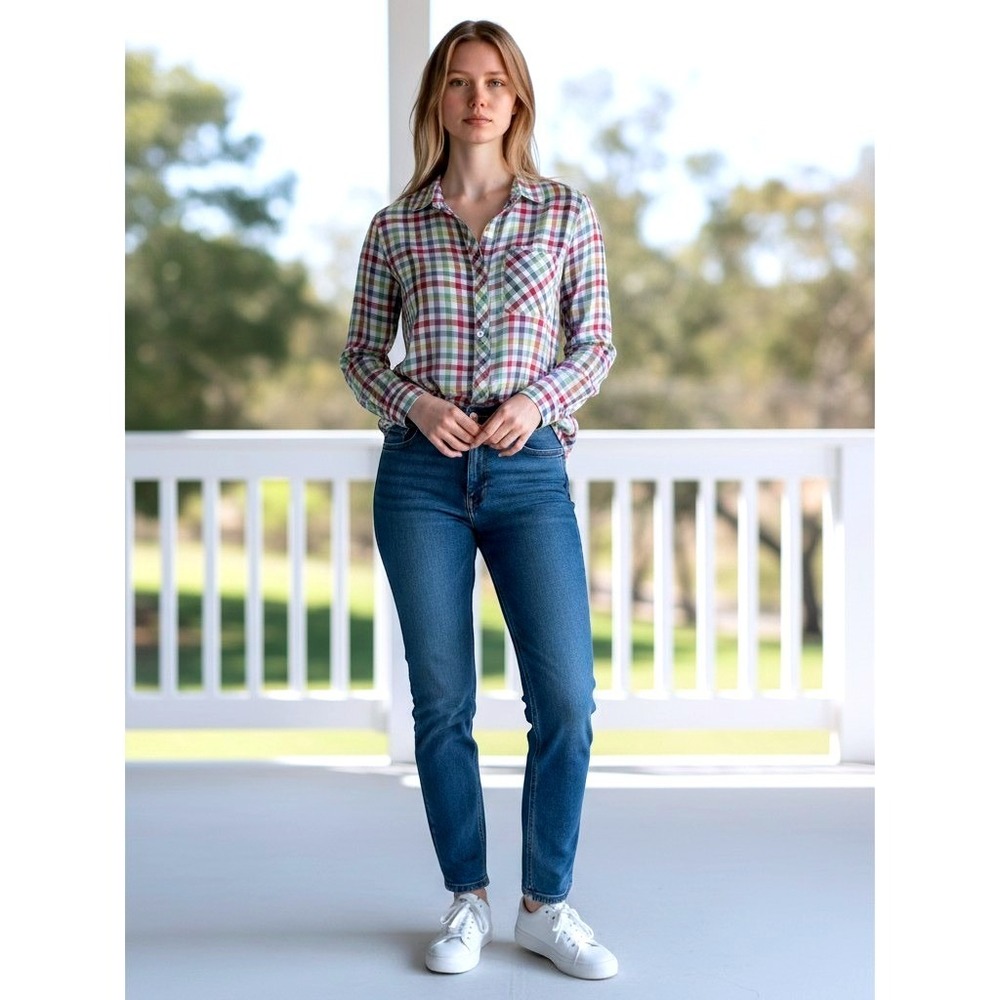 Lafayette 148 New York Womens Rainbow Plaid Shirt Top S / #26748 - Picture 1 of 5